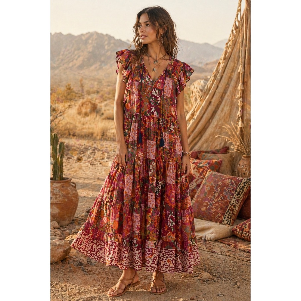 BANJANAN Ruffle Tiered Patchwork Floral Print Maxi Dress Multi Asymmetrical M
